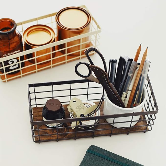 TIEYIPIN Small Metal Wire Storage Basket, Detachable Wood Base Storage Organizer Bin Basket for Kitchen Cabinets, Bathroom, P
