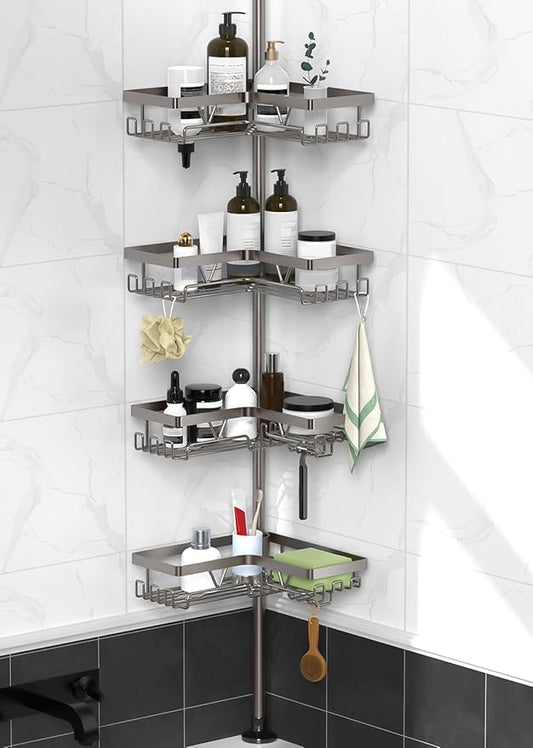 KEGII Corner Shower Caddy Tension Pole with Soap Dish & Razor Holder, Adjustable Bathroom Organizer with Hooks, 25-114.2 Inch