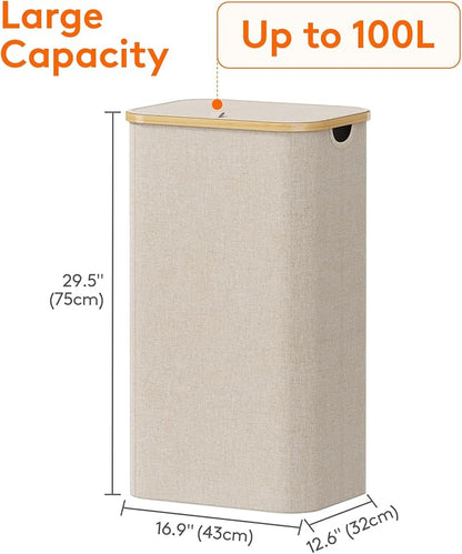 Lifewit 100L Laundry Basket with Lid, Clothes Hampers for Laundry with Bamboo Handles and 1 Removable Bag, Large Foldable Lau