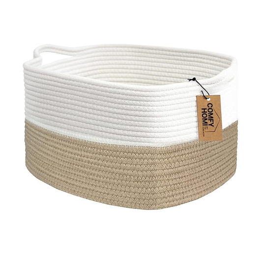 COMFY-HOMI Cotton Rope Woven Basket with Handles for Shelves,Toys,Book, Cloth Storage Baskets Bin for Organizing-13.5"x11"x9.