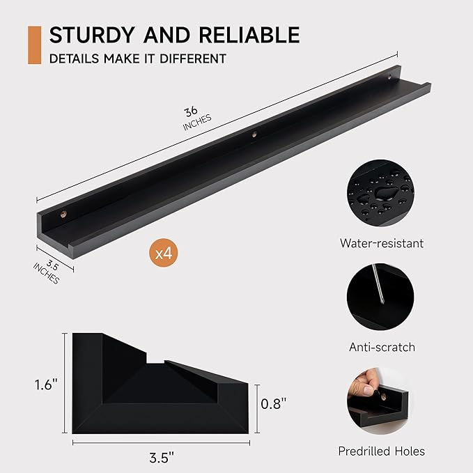 Fun Memories Picture Ledge Shelf for Wall, Floating Shelves Set of 4, 36 Inch Long Nursery Book Shelves for Toys Storage, Kid