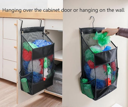 ALYER Hanging Plastic Grocery Bag Holder and Dispenser,Mesh Over the Cabinet Door Organizer with Easy-Access Openings for Kitchen Towel,Bras,Laundry,Installation Free(Black, 21.7"H * 11.8"W * 5.9"D)
