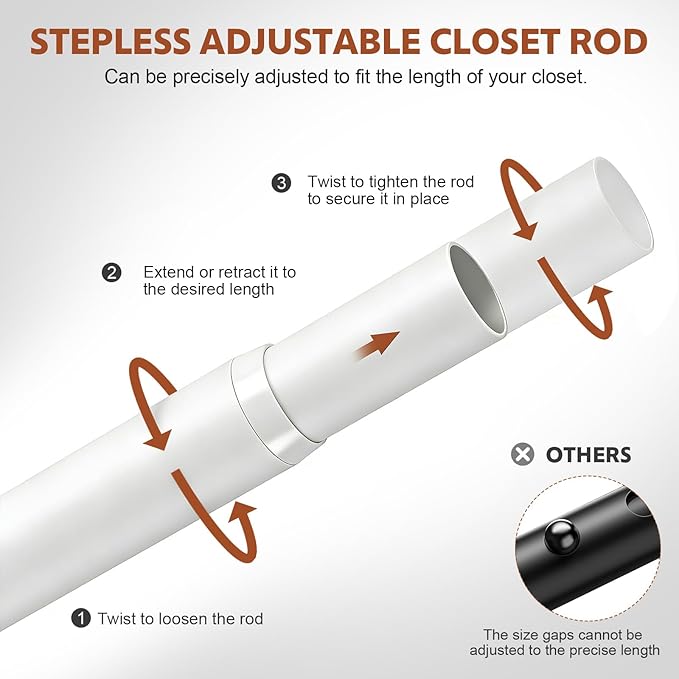 Closet Rods for Hanging Clothes, 17-42 Inch Stepless Adjustable Closet Rod, 1.3 Inch Heavy Duty Metal Clothes Hanging Rod, Ex