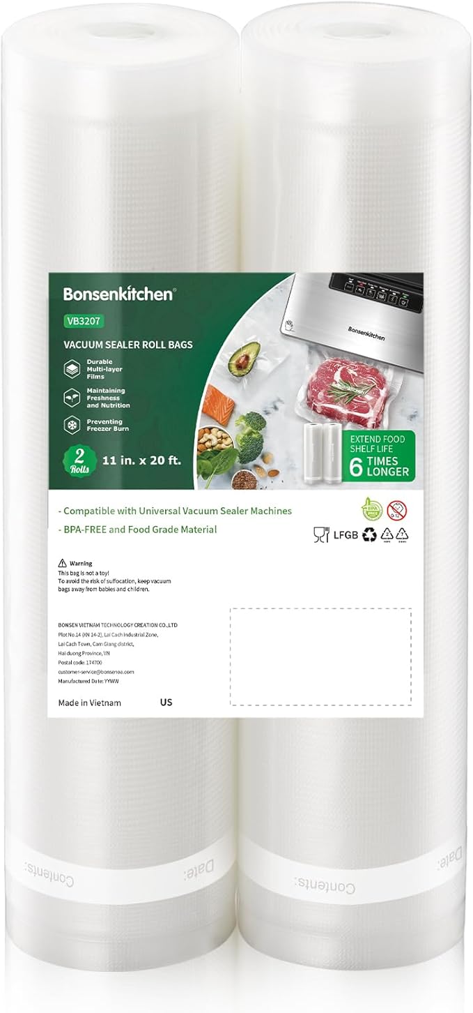 Bonsenkitchen Vacuum Sealer Bags, 11" x 20' Rolls 2 Pack for Food Storage Saver, Bpa Free, Heavy Duty, Commercial Grade Textu