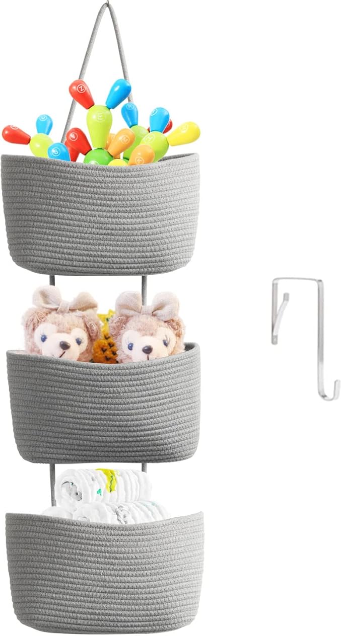 TeoKJ Over the Door Hanging Basket, 3-Tier Woven Cotton Wall-Mounted Storage Organizer Bag Decorative Hanging Nursery Baskets