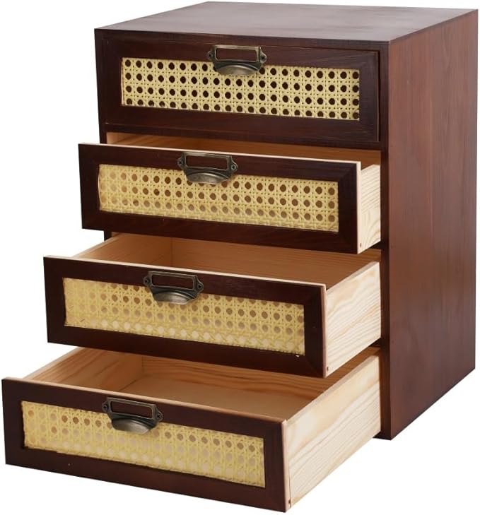 Large Wooden Storage Box with Drawers (Boho Apothecary Cabinet, Rattan Frame, Brown)