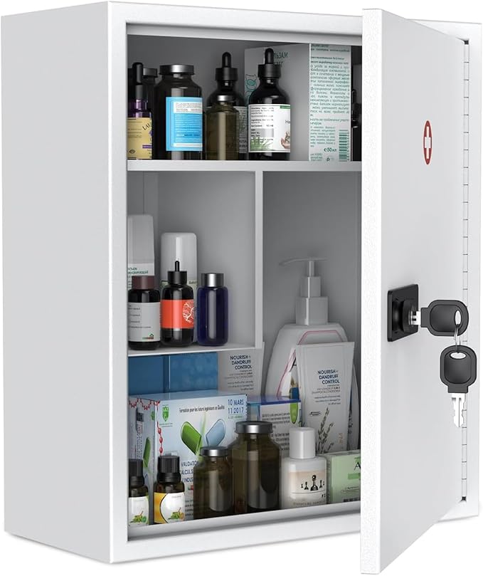 Uniclife Wall Mount Medicine Cabinet with Combination & Key Lock Locking First Aid Cabinet Lockable Medical Cabinet Large Cap