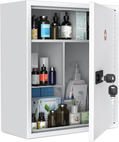 Uniclife Wall Mount Medicine Cabinet with Combination & Key Lock Locking First Aid Cabinet Lockable Medical Cabinet Large Cap