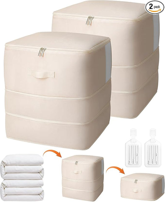 2 Pack Comforter Storage Bag, 136L Blanket Storage Bags Self Compression Comforter Organizer and Storages, Space Saving Washa