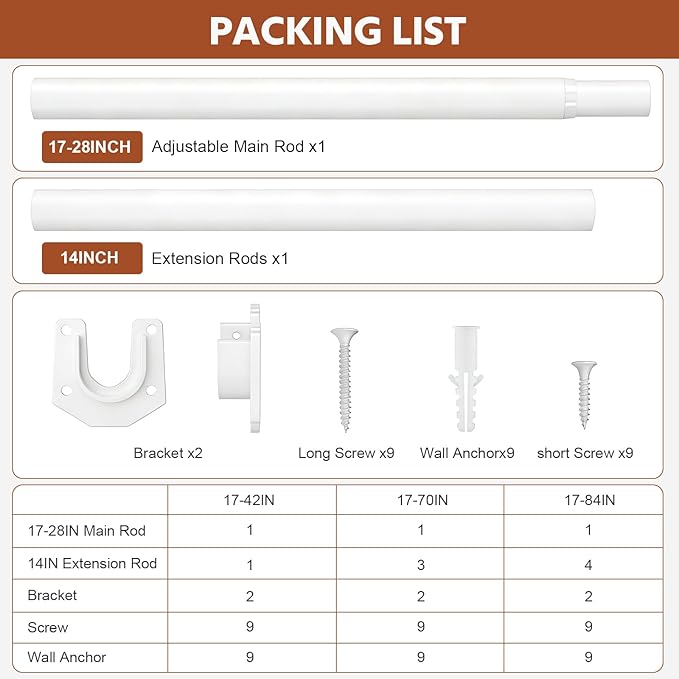 Closet Rods for Hanging Clothes, 17-42 Inch Stepless Adjustable Closet Rod, 1.3 Inch Heavy Duty Metal Clothes Hanging Rod, Ex