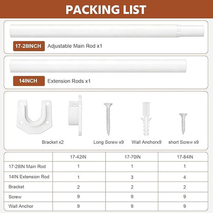 Closet Rods for Hanging Clothes, 17-42 Inch Stepless Adjustable Closet Rod, 1.3 Inch Heavy Duty Metal Clothes Hanging Rod, Ex