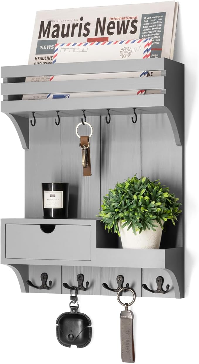 Rebee Vision Decorative Key Holder Wall Mount with Small Drawer Organizer - Modern Mail Organizer with 9 Key Hooks and Wall S