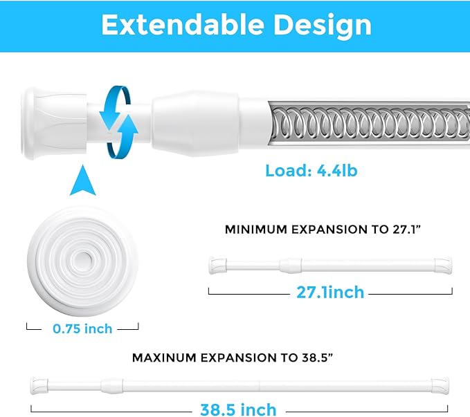 6PCS Small Tension Curtain Rod 27 to 38 Inch,White Short Curtain Rods No Drilling,Loaded Expandable Spring Curtain Rods for W