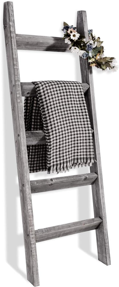 FUIN 5ft (58") Wood Blanket Ladder Living Room Decorative Wall Leaning Farmhouse Quilt Display Holder Rustic Wooden Towel Rac
