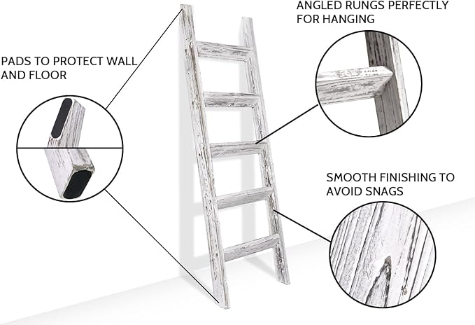 FUIN 5ft (58") Wood Blanket Ladder Living Room Decorative Wall Leaning Farmhouse Quilt Display Holder Wooden Towel Rack for B