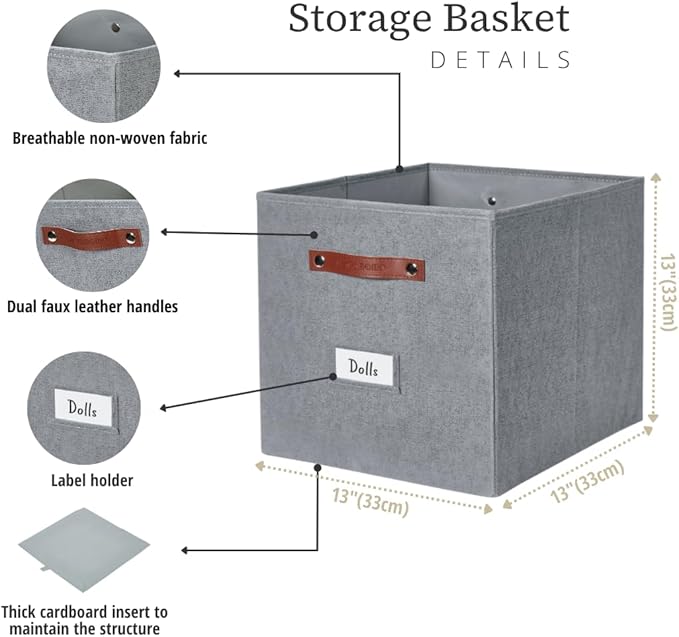 DECOMOMO Storage Cubes, 13x13x13 Storage Cube Bins with Labels, Fabric Organizer Bins (13" / 6pcs, Texture Grey)