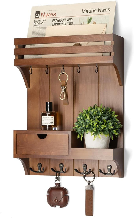 Rebee Vision Farmhouse Key Holder Wall Mount – Decorative Mail Organizer with 9 Key Hooks and Mini Drawer Organizer – Rustic 