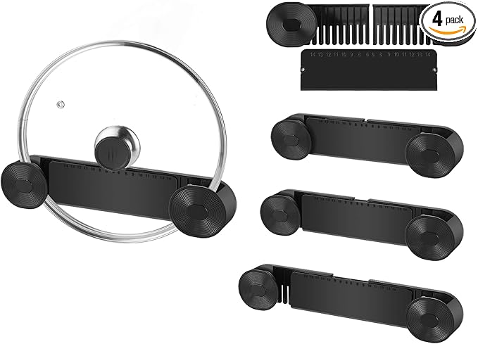YONGAIJIA New Upgrade 4 Pack Adjustable Pot Lid Holder, Lid Organizer Fits 6" to 14" Lids, with Screw Hole Position and Sticky Wall Mounted Lid Storage Kitchen Cabinets, Cabinet Doors (Black)