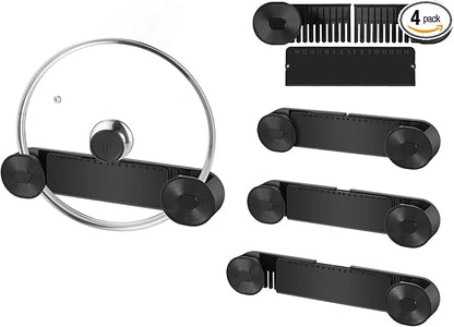 YONGAIJIA New Upgrade 4 Pack Adjustable Pot Lid Holder, Lid Organizer Fits 6" to 14" Lids, with Screw Hole Position and Sticky Wall Mounted Lid Storage Kitchen Cabinets, Cabinet Doors (Black)