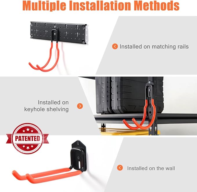 Ultrawall Multi-Storage Garage Hooks, Utility Rack with Multiple Installation Methods, Wall-Mounted Garden Tool Organizer Sys