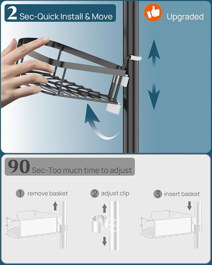 SEIRIONE Corner Shower Caddy Tension Pole, Rustproof Bathroom Shower Organizer Corner, 4-Tier Adjustable Bathroom Shelf, Soli