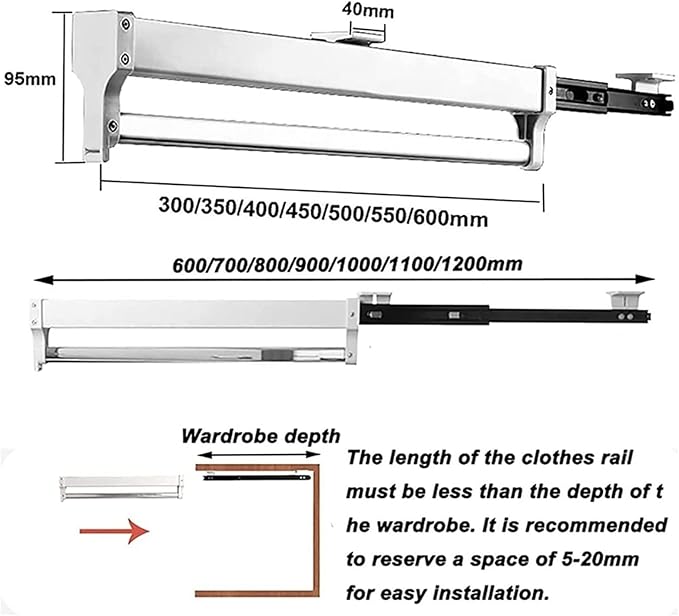 Pull Out Clothes Rail Extendable Pull Out Closet Rod - Wardrobe Pull-Out Trousers Rack, 30-60Cm Extendable Pull-Out Clothes R