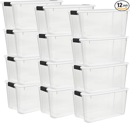 Sterilite 12-Pack Ultra Latching Box, Storage Bins with Lids, Clear Plastic, 70 Quart - Heavy-Duty Organizing Containers for 