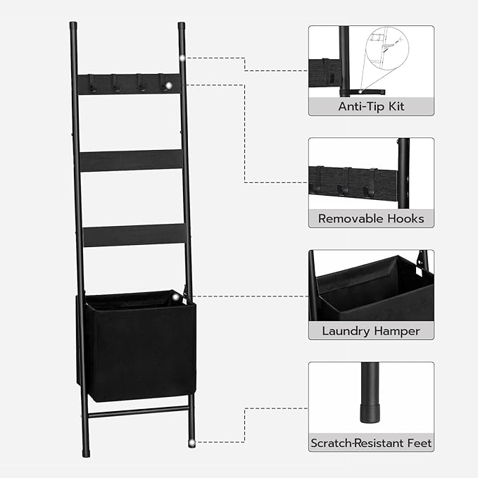 HOOBRO Blanket Ladder with Basket, 17.3”L x 63.4”H, Towel Rack with Hooks, Blanket Holder Rack, Decorative Ladder Shelf, Dryi