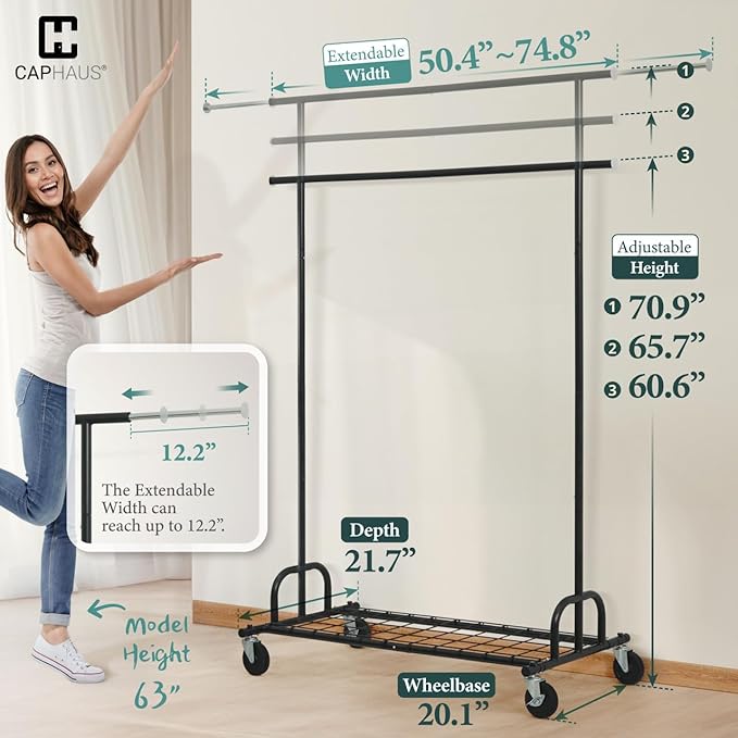 CAPHAUS Heavy Duty Clothes Rack, 440LBS Capacity Rolling Clothing Rack for Hanging Clothes, Adjustable Metal Wardrobe Rack, P