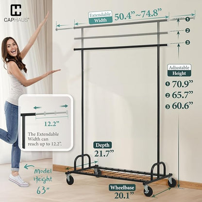 CAPHAUS Heavy Duty Clothes Rack, 440LBS Capacity Rolling Clothing Rack for Hanging Clothes, Adjustable Metal Wardrobe Rack, P