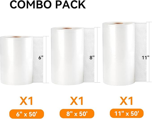 [2024 New] 6" x 50', 8" x 50' and 11" x 50' 3 Pack Rolls, Vacuum Sealer Rolls Bags for Food, Great for Food Storage, Sous Vid