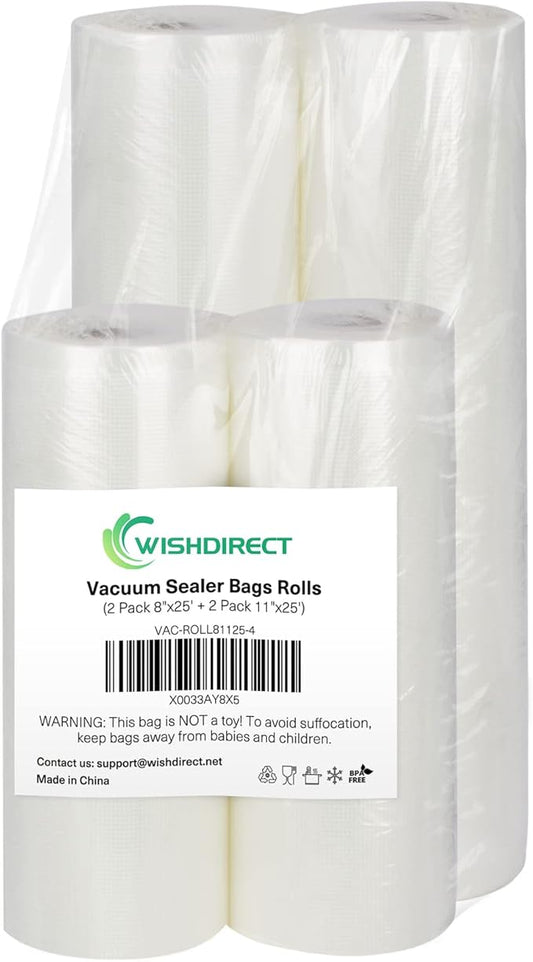Vacuum Sealer Bags Rolls Compatible with FoodSaver, 2 Pack 11" x 25' and 2 Pack 8" x 25' Fit Inside Machine Commercial Grade 