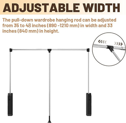 tonchean Pull Down Closet Rod, Stainless Steel 35-48 Inch Adjustable Closet Rod for Hanging Clothes Side & Back Mounted, Heav