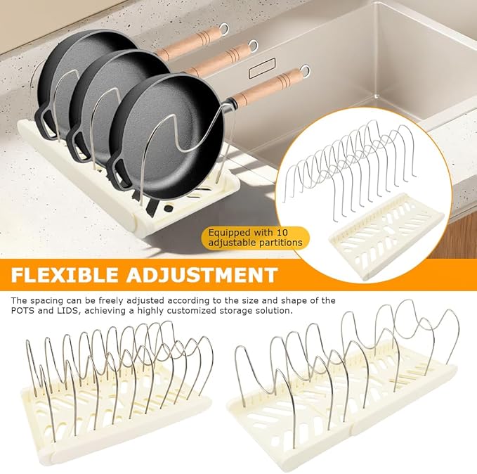 Pot and Pan Organizer, Expandable Pan Organizer for Cabinet, Pot Lid Holder with 10 Adjustable Compartments for Kitchen Cabinet Cookware Baking Frying Rack(White)