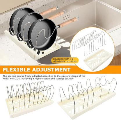 Pot and Pan Organizer, Expandable Pan Organizer for Cabinet, Pot Lid Holder with 10 Adjustable Compartments for Kitchen Cabinet Cookware Baking Frying Rack(White)