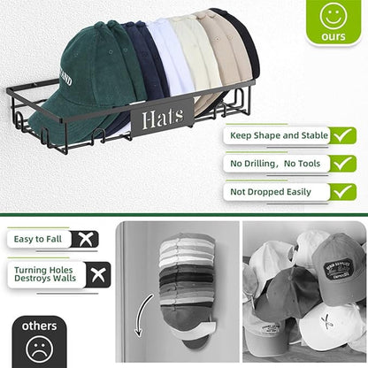Metal Hat Rack for Wall, 2-Pack Hat Organizer for Baseball Caps Holds 20 Hats, Wall Mounted Hat Storage Holder Display, No Dr