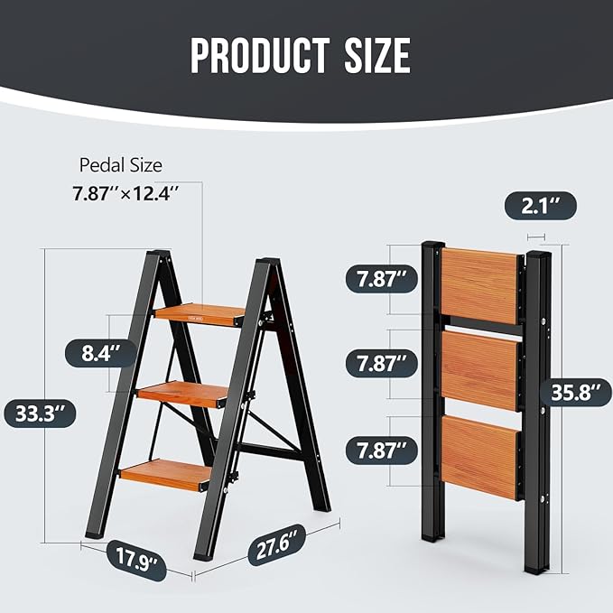 WOA WOA Step Ladder with Widened Pedals, Folding Step Stool with Anti-Slip Feet, Portable Home Ladder for Adults, Kitchen Sma