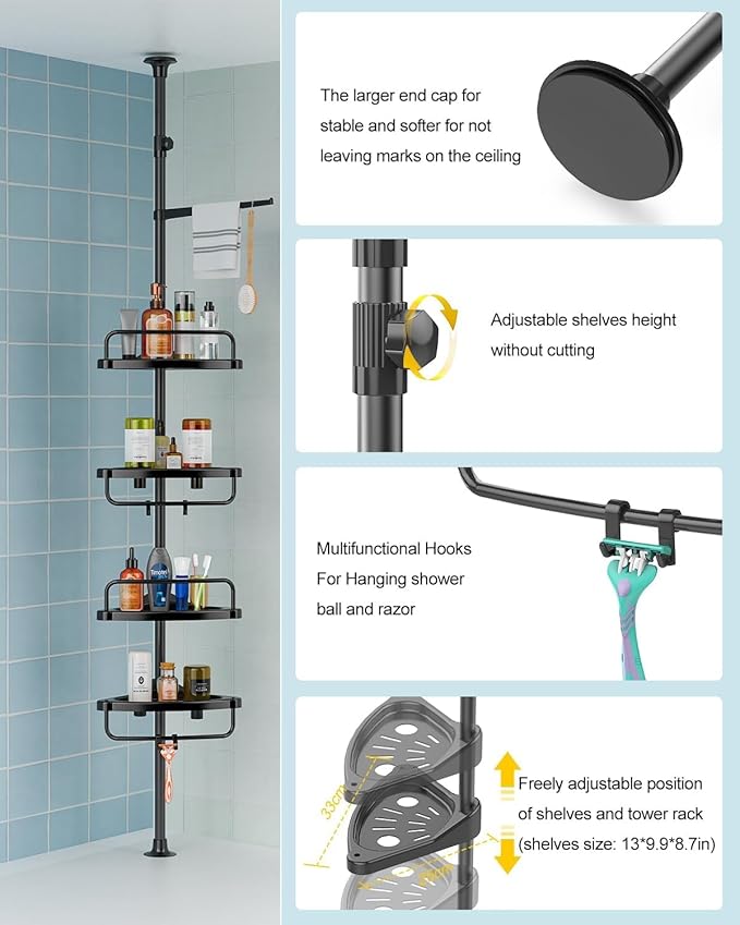 ADOVEL 4 Layer Corner Shower Caddy, Stainless Steel Constant Tension Pole Shower Organizer, Adjustable Corner Shower Shelf, R