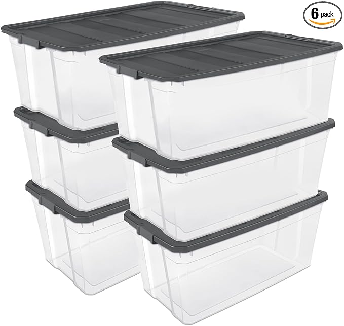Sterilite 6-Pack Modular Stacker Box, Durable Clear Plastic Storage Bins with Latching Lids, 200 Quart - Stackable Organizing