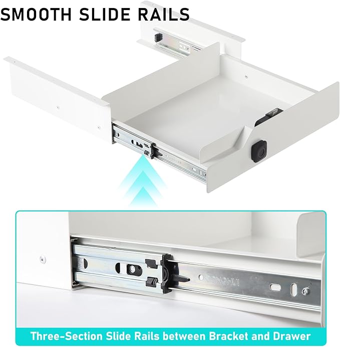 Under Desk Drawer Storage with Lock, 16"x11.8"x3.6", Metal Undermount Table Drawer, Ball Bearing Slides Out Tray Organizer fo