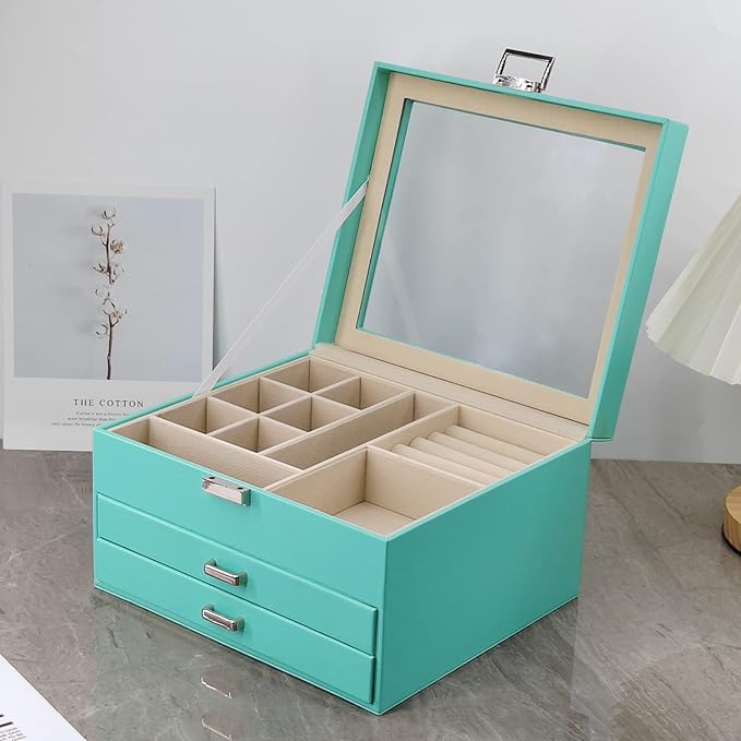 BOOVO Clear Lid Jewelry Box,3 Layers Jewelry Organizer Large Multi-Functional Jewelry Storage Box with 2 Drawers,Jewelry Disp