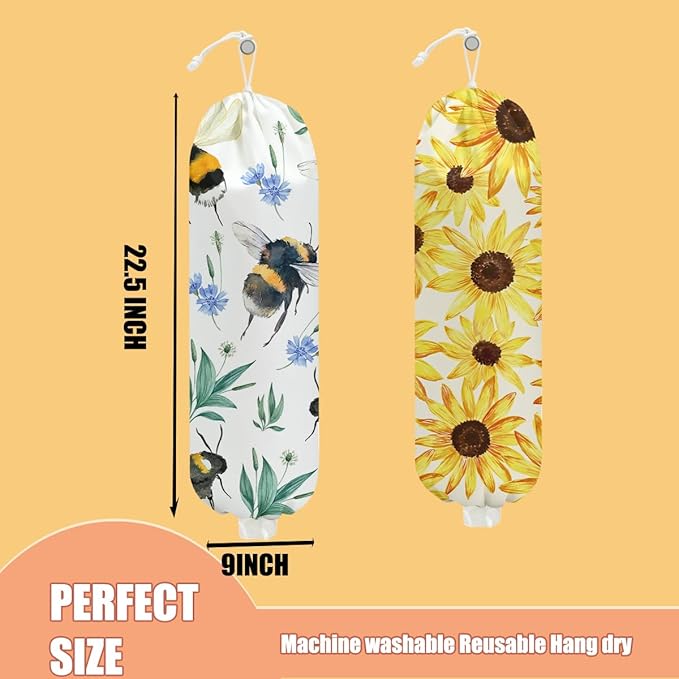 2 Pcs Bee Plastic Bag Holder, Sunflower Grocery Bag Holder Plastic Storage bag, Large Washable Grocery Bags Storage Dispenser for Home Kitchen Pantry Decor, Flower Gifts for Women Mom Grandma
