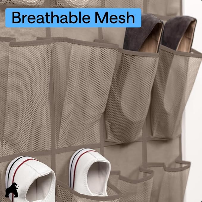 GORILLA GRIP Over the Door Shoe Organizer, 24 Large Breathable Mesh Pockets, Space Saving Hanging Storage Holder, Closet Rack