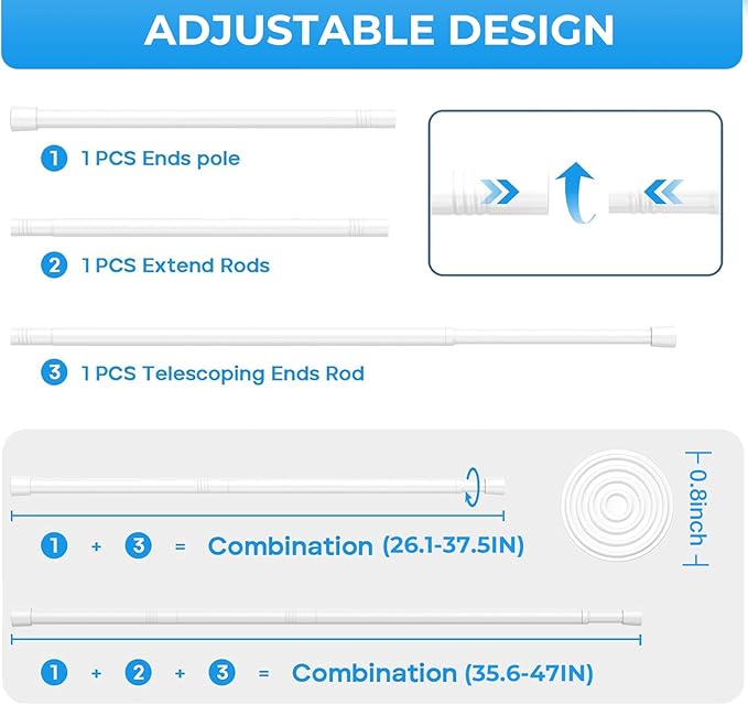 2PCS Small Tension Curtain Rod 27 to 46 Inch,White Short Curtain Rods No Drilling,Loaded Expandable Spring Curtain Rods for W