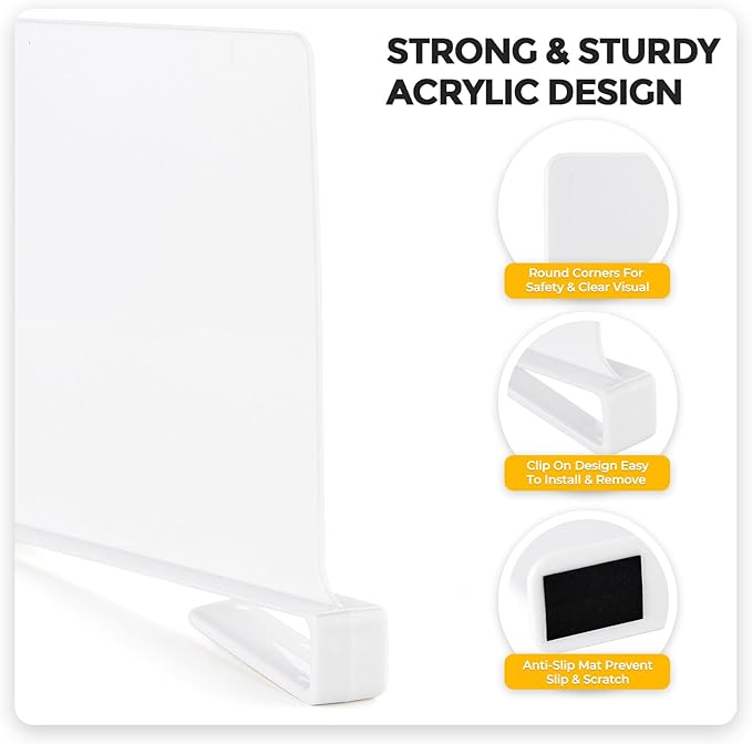 JOY DECOR 12 Pack Acrylic White Shelf Dividers for Closets Organizer and Storage Adjustable Vertical Wood Shelf Closet Separa