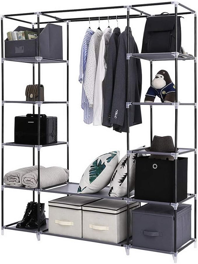Karlhome 5-Tier Canvas Wardrobe, Portable Fabric Wardrobe with Shelves and Cover for Hanging Clothes, Clothes Rail with Cover