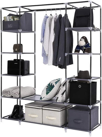 Karlhome 5-Tier Canvas Wardrobe, Portable Fabric Wardrobe with Shelves and Cover for Hanging Clothes, Clothes Rail with Cover