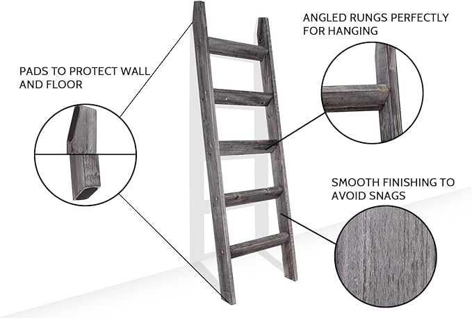 FUIN 5ft (58") Wood Blanket Ladder Living Room Decorative Wall Leaning Farmhouse Quilt Display Holder Rustic Wooden Towel Rac