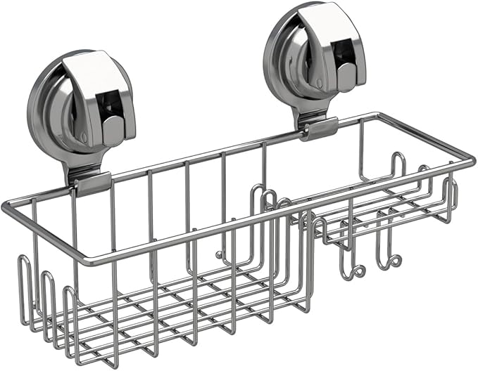 TESOT Suction Cup Shower Shelf, Shower Caddy Soap Dish with Hooks for Sponge, Rust Proof 304 Stainless Steel, Silver