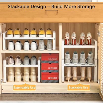 Expandable 1-Tier Metal Shoe Rack (H:10"), Adjustable Width 14.9"-23.6", Heavy-Duty Stackable Free-Standing Shoe Shelf for Cl